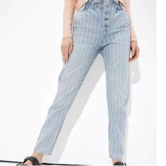 American Eagle Pinstripe Paperbag Waist Button Up High Waist Jeans Size 8 Short - Picture 1 of 11